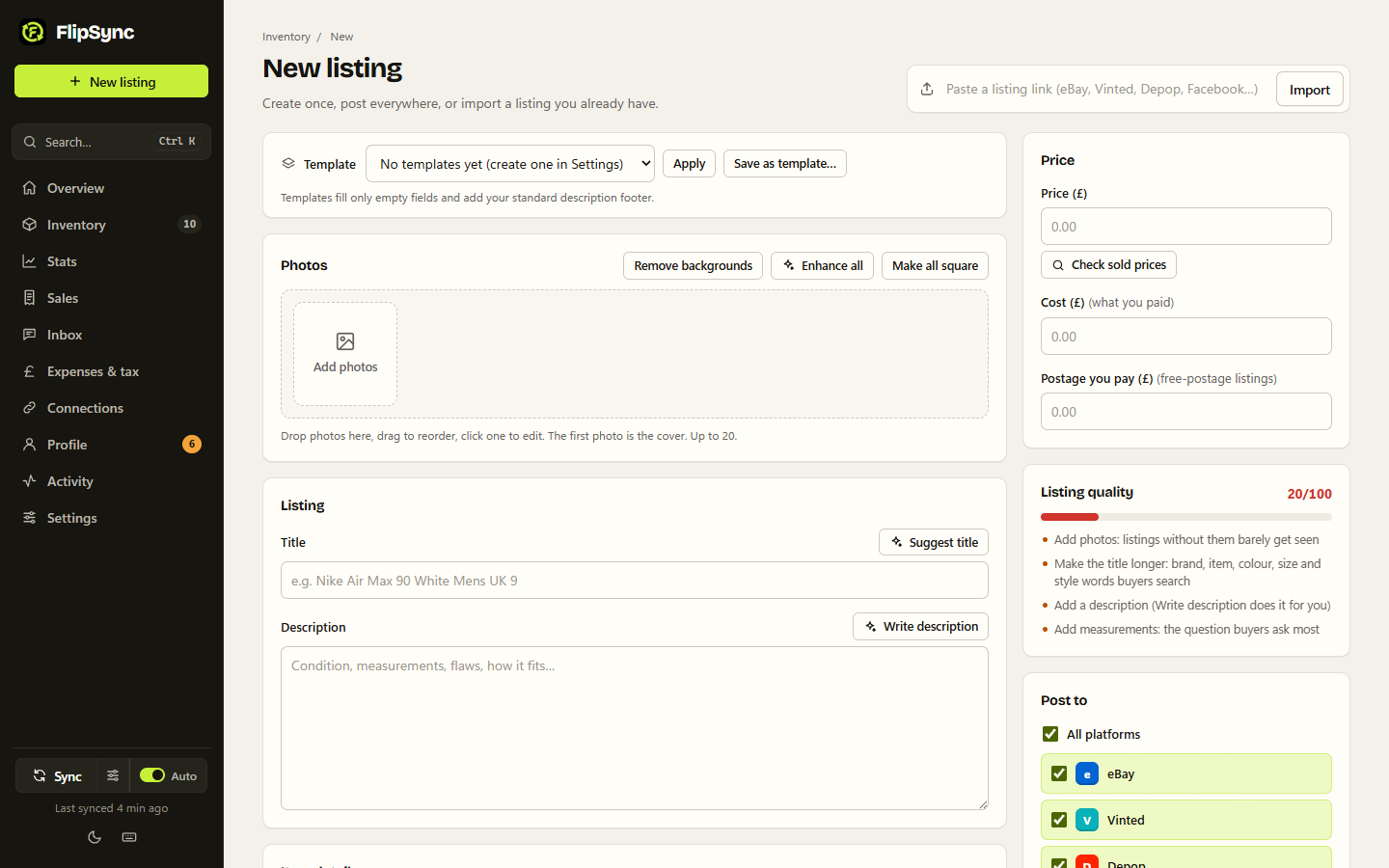 FlipSync's listing form with take-home per platform